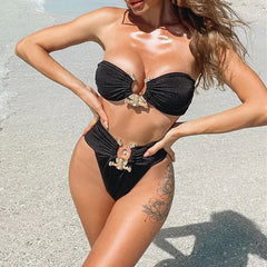 Explosive new style European and American bikini solid color tube top high waist swimsuit metal accessories female swimwear