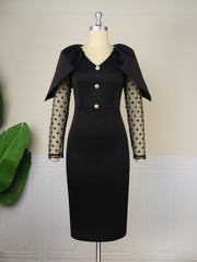 Women Black Dress Bodycon Slim Elegant V Neck Patchwork Mesh Sleeves High Waist Office Ladies Classy Female Gowns Vintage Robes