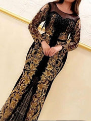 Fashion Round Neck Long Sleeves Sequin  Slim Dress Gown Without Belt