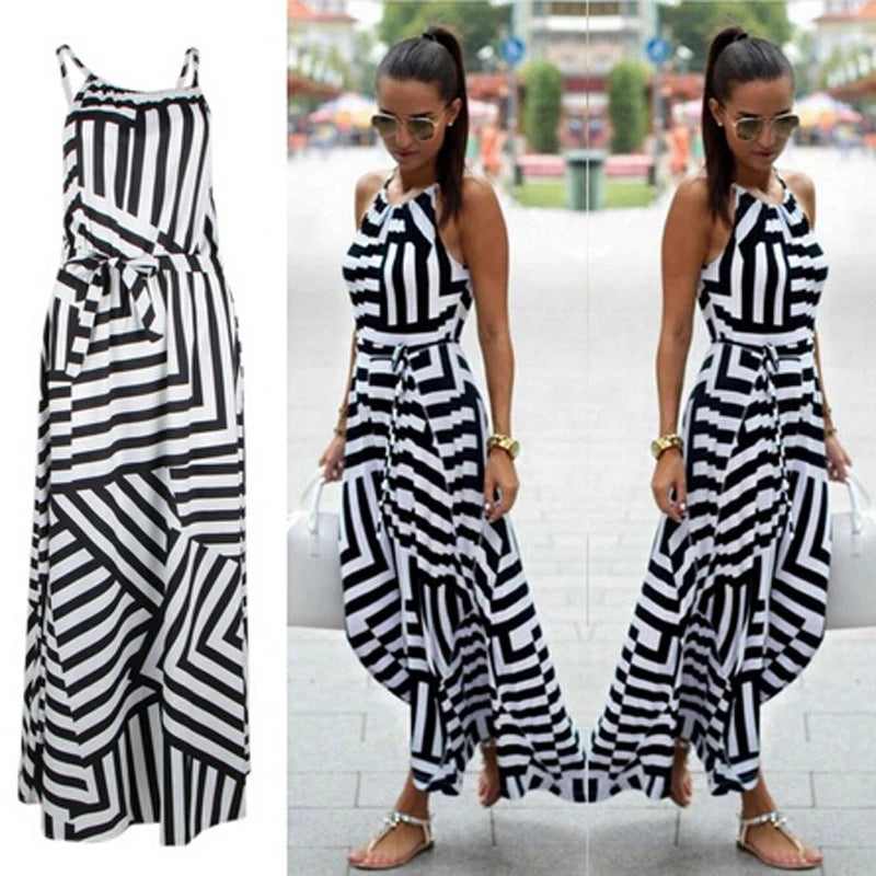 Summer Maxi Long Dress New Fashion Women Boho Striped Sleeveless Beach Style Strap Sundress Vestidos For Female
