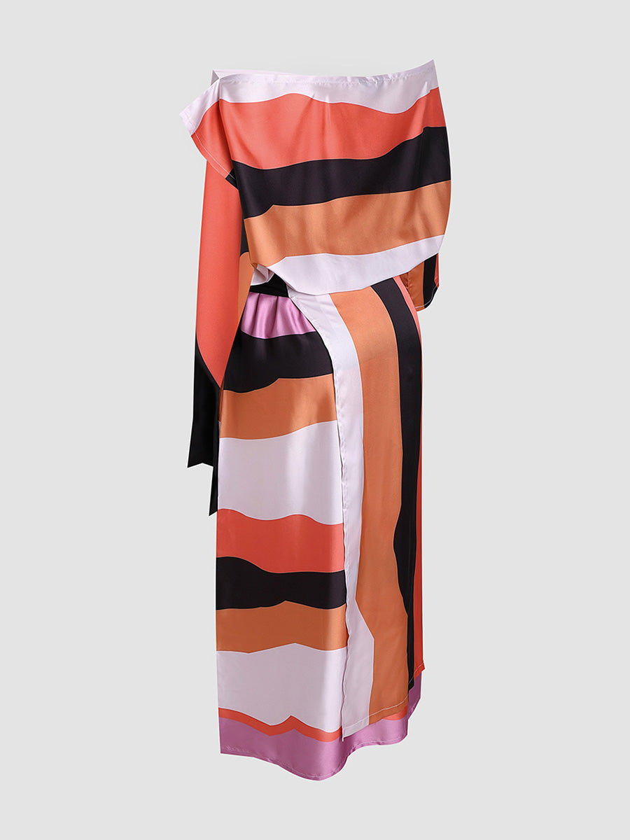 Geometric Print Off-Shoulder Long Dress Two-Piece Set