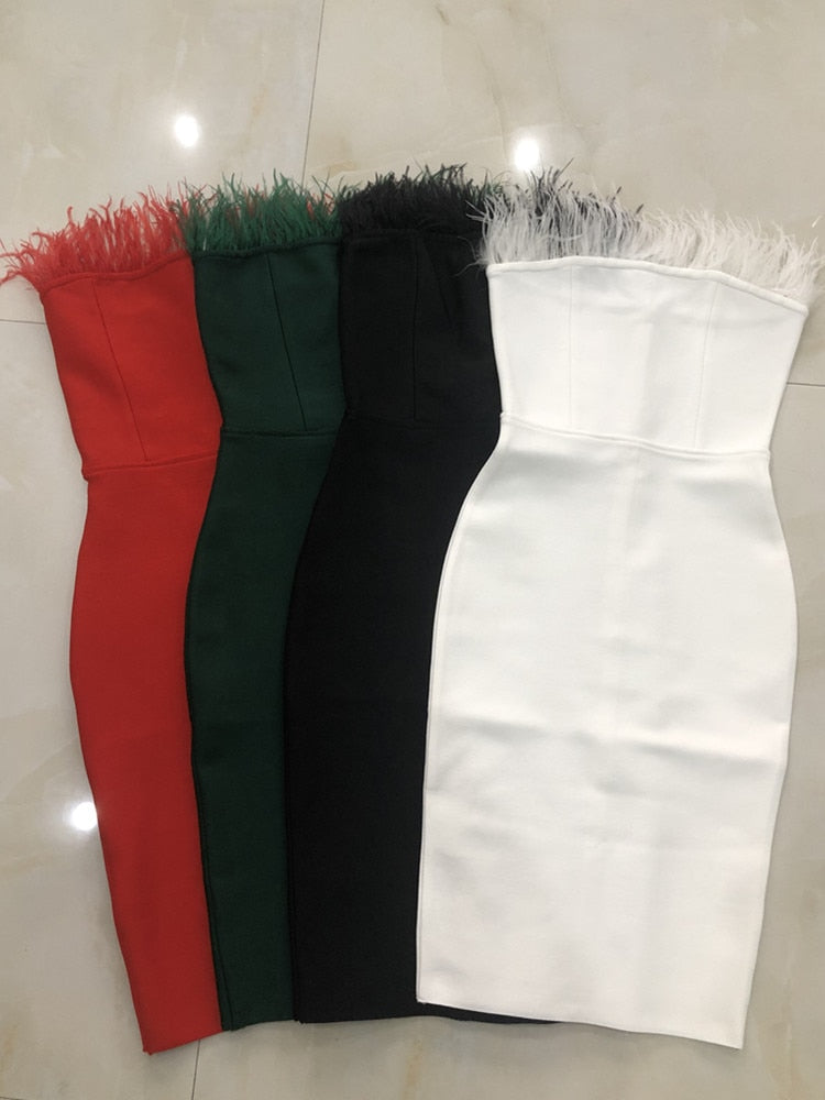 New Summer Sexy Strapless Backless Feather Black Midi Women Bodycon Bandage Dress 2022 Designer Fashion Party Club Dress