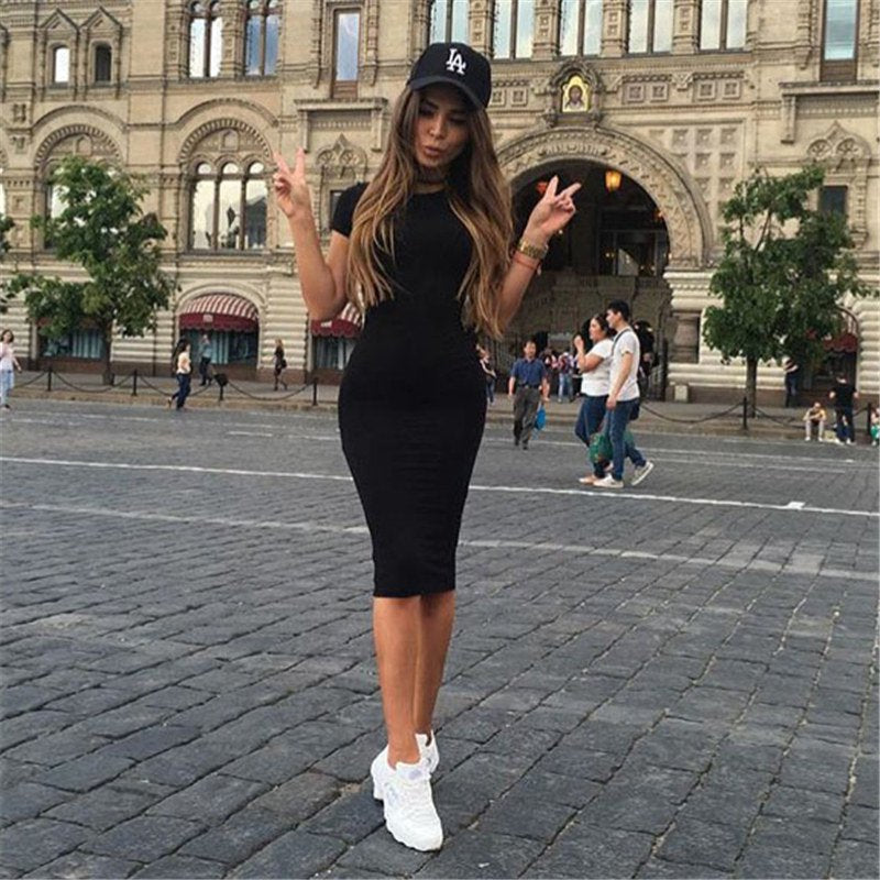 Womens Dress Vestido Summer Short Or Long Sleeve Slim Bodycon Dress Tunic Round Neck Casual Pencil Dress 2019 S-XL WDC1475
