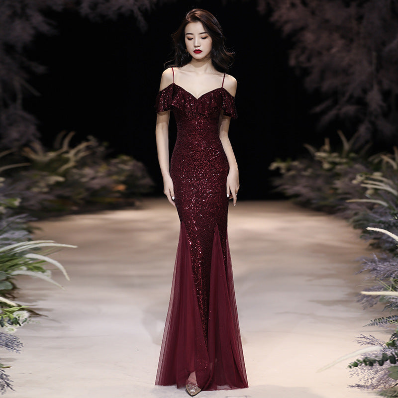 Best-selling new toast clothing red 2022 autumn and winter wedding bride mermaid elegant temperament self-cultivation host evening dress female