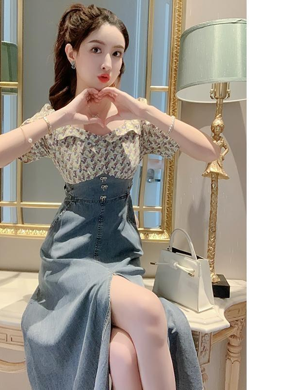 Square collar denim stitching long skirt 2023 summer new slim bow skirt women's clothing Korean elegant dress 4*10