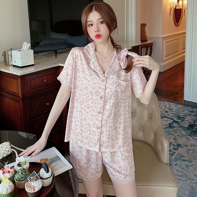 Summer leopard print silky short-sleeved shorts 2 home clothes thin  silk suit