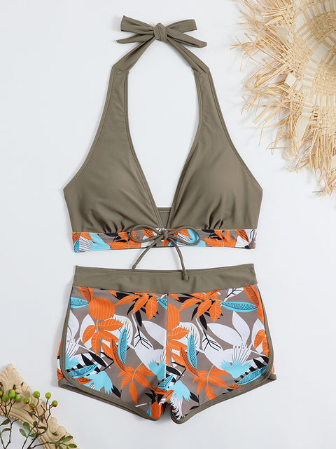 2023 Halter Bikini Set Short Swimsuit Women High Waist Swimwear Female Printed Bathers Swimming Bathing Swim Suit Beachwear