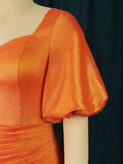 Women Shiny Orange Dress Short Lantern Sleeves Bodycon Pleated Fold Party Sexy African Female Event Tight Evening Robes Birthday