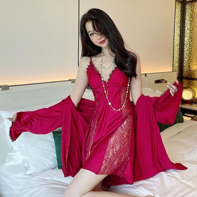 Bridal 2PCS Robe Gown Suit Strap Nightgown Satin Nightwear Lace  Out Bathrobe&Chemise Sleepwear Sexy Intimate Lingerie