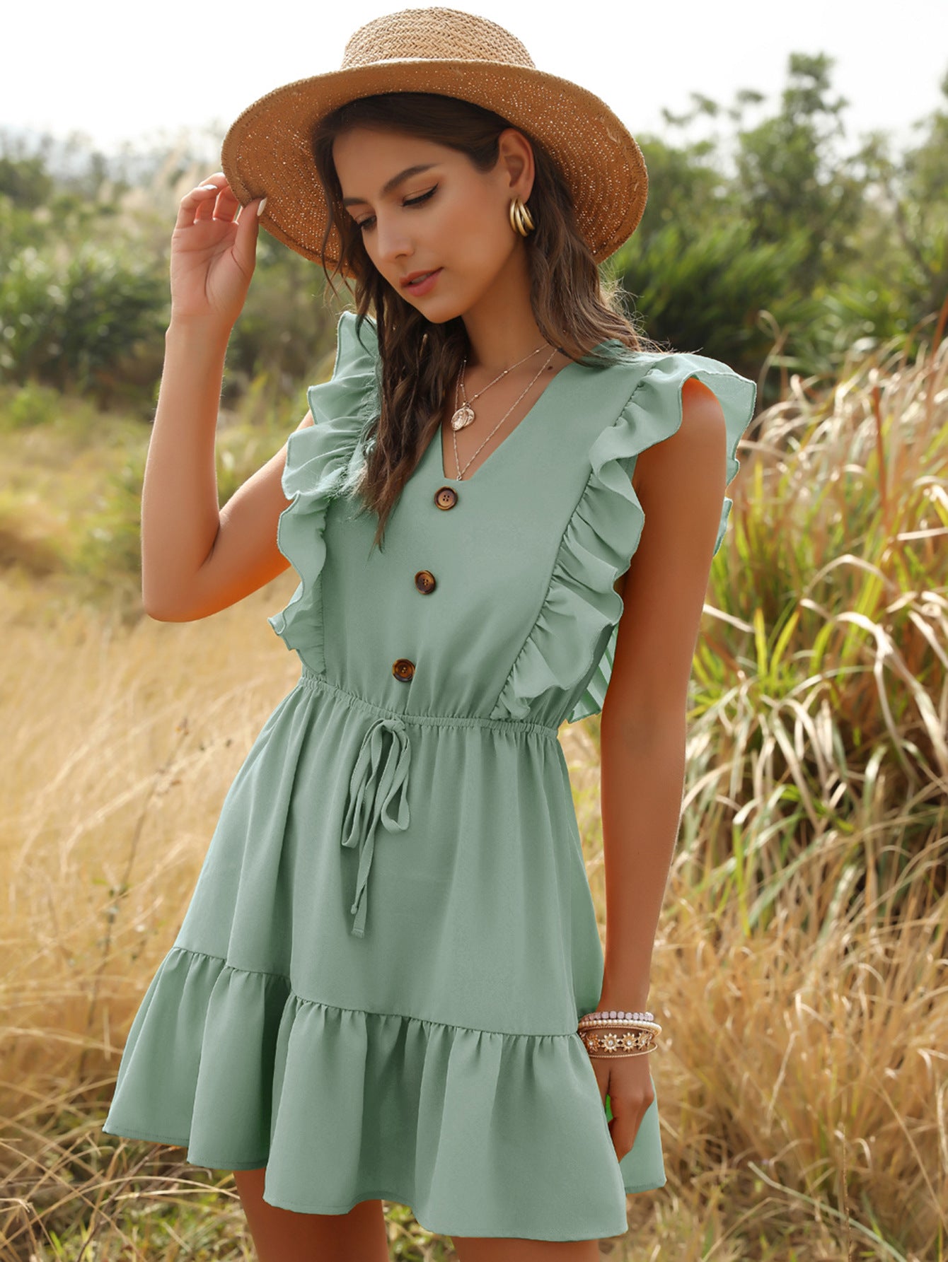 فستان نسائي مثير مكشكش بدون أكتاف تونك عالي الخصر للحفلات رقبة على شكل V فستان صيفي نسائي غير رسمي للشاطئ بوهو أصفر