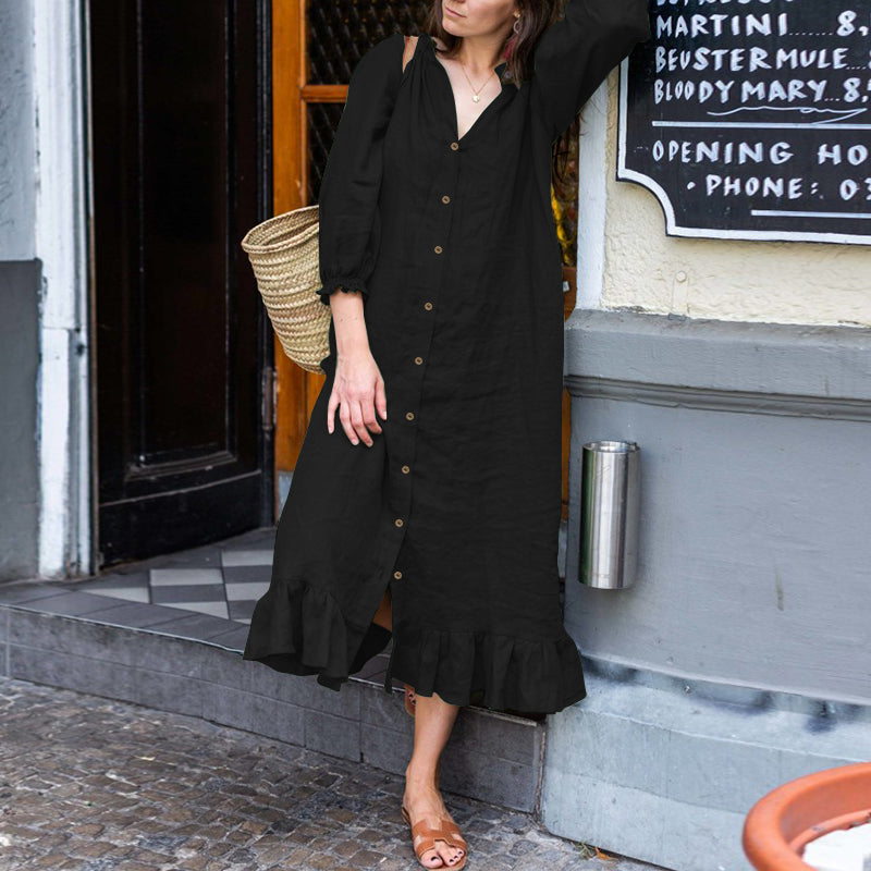 ZANZEA ladies European and American style  color simple temperament wood ear stitching stand collar button three-quarter sleeves lotus  hem fashionable  casual mid-length dress large size