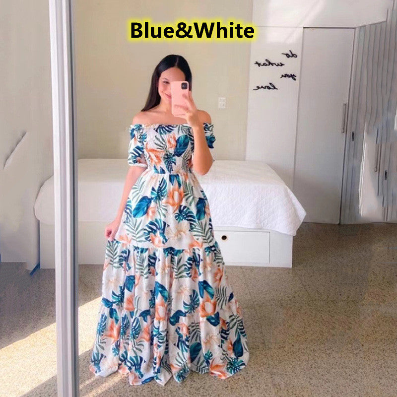 Women's Fashion Off Shoulder Dress Floral Print Long Dress Maxi Dresses Big  Dress Rochii Elegante Kleider Damen Elegant