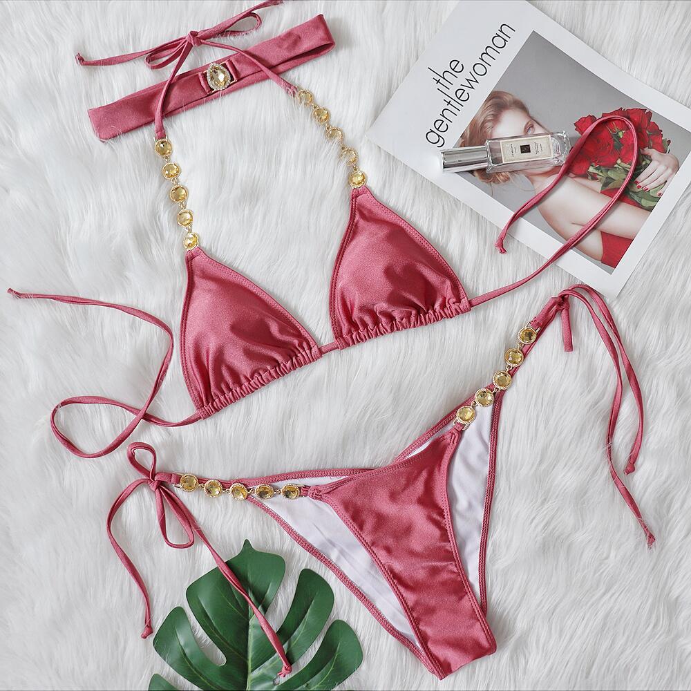 New Green Diamond Split Swimsuit Plain Bikini Beach Retro Sexy Bikini