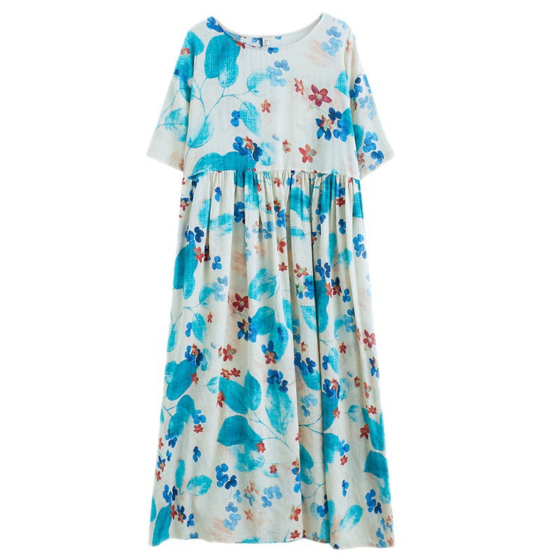 Oversized women's 2023 summer new style literary fat MM fattening enlarged  and thin printed short-sleeved dress