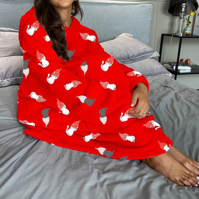 بيجامة عيد الميلاد للسيدات اللطيفة ملابس نوم مطبوعة بجيب كبير ثوب نوم قطيفة كسول ملابس منزلية بيجاما بقلنسوة 2022