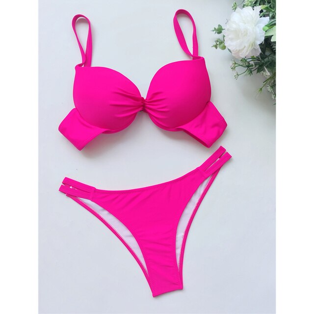 2021 New Sexy V-Bar Underwired Bikinis Swimsuit Women's Solid Swimwear Push Up  Set Summer Beach Female Swim Bathing Suits