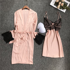 women Sleepwear set summer Ice silk Satin Pajamas 2-piece set  V-Neck Lace Sling nightdress and Bathrobe set female homewear solid color casual Pajama