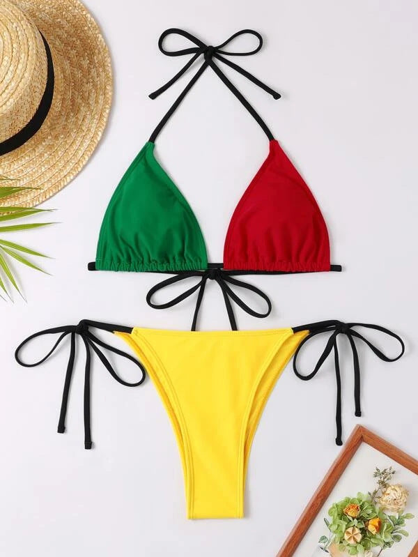 New Color Contrast Panel High Tone Bikini Tether Two-Piece Swimsuit