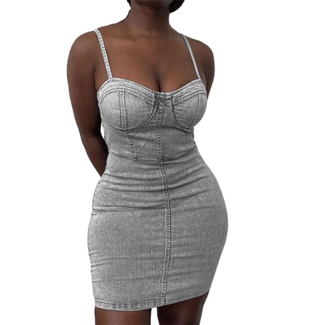 Women Sexy Solid Color Denim Dress Spaghetti Straps Waist Tight Bodycon Mini Dress
