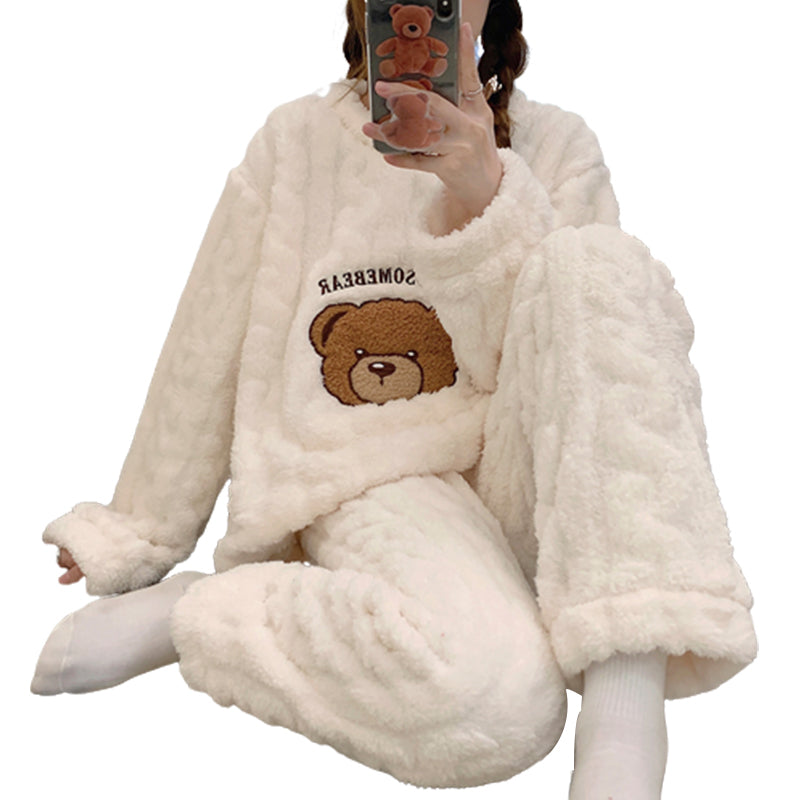 Autumn and winter new thickened plush jacquard pajamas women's round neck pullover sweet student home service