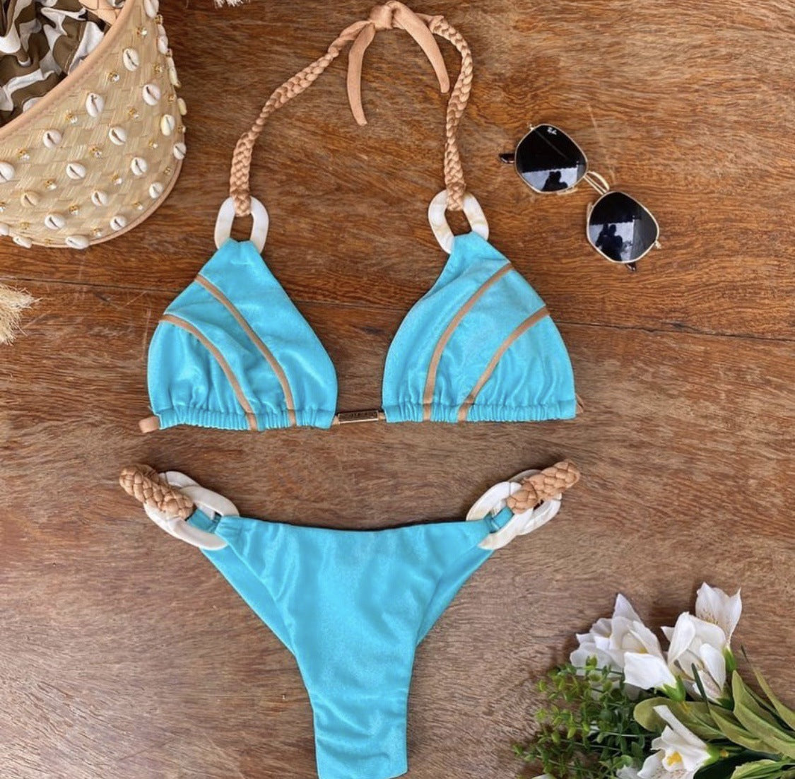 Solid Color Strap Bikini European and American Sexy Swimwear