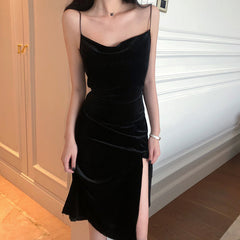 Vintage Dresses For Women Spaghetti Tape Seamed Velvet Black Dress Sexy Bodycon Bandage Dress Midi Party Dress Summer 2023