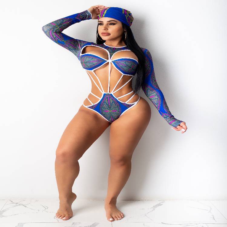 Women Swimsuit Adults Hollow Out Printed Long Sleeve Round Neck Swimwear