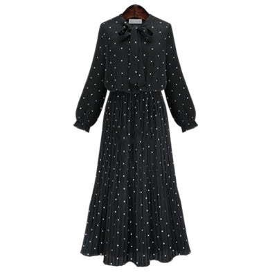 ربيع جديد فضفاض نمط النمط الأوروبي فستان منقط المرأة طباعة طويلة الأكمام السيدات فستان القوس البوهيمي الشيفون الشيفون فستان أسود المرأة رداء