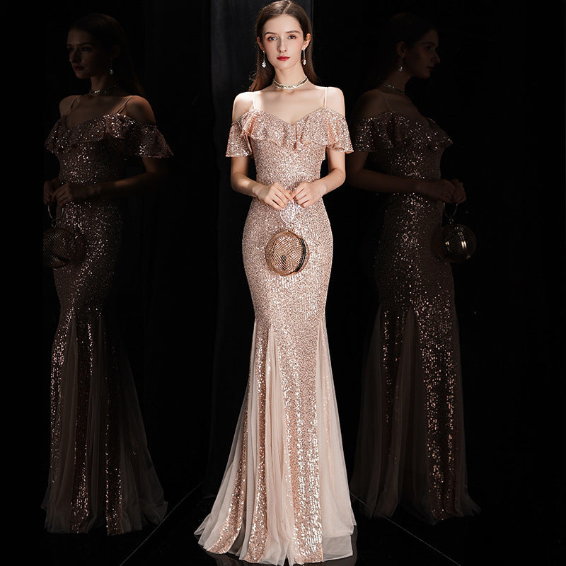 Best-selling new toast clothing red 2022 autumn and winter wedding bride mermaid elegant temperament self-cultivation host evening dress female