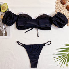 ملابس سباحة نسائية قطعة واحدة ذات لون سادة، بيكيني بأكمام قصيرة