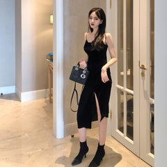 New 2022 Vintage Women Dress Spaghetti Strap Slit Velvet Black Dress Sexy Bodycon Bandage Dress Midi Party Dress Verano Vestidos