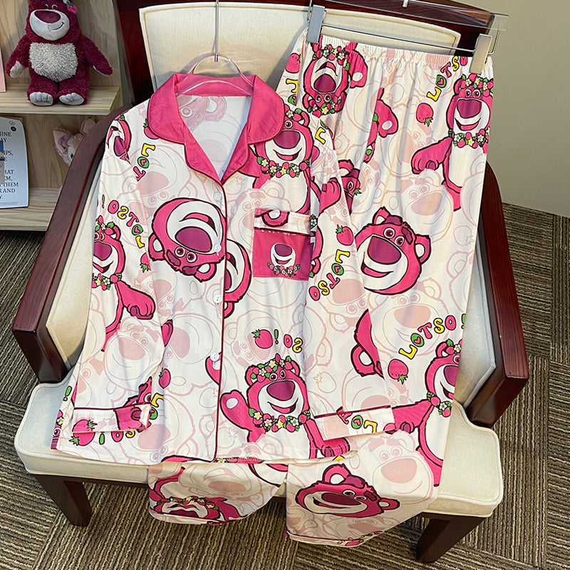 Spring and autumn long-sleeved pajamas female cardigan suit strawberry bear  milk silk home service
