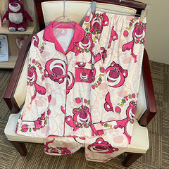 Spring and autumn long-sleeved pajamas female cardigan suit strawberry bear  milk silk home service