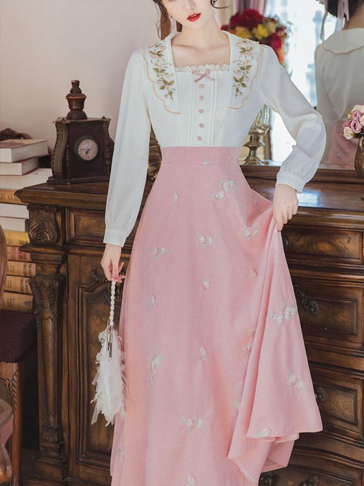 Retro  Dress Women Stitching Pink Elegant Midi Dress Women Korean Fashion One Piece Casual Dress