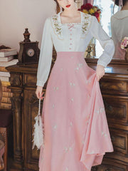 Retro  Dress Women Stitching Pink Elegant Midi Dress Women Korean Fashion One Piece Casual Dress