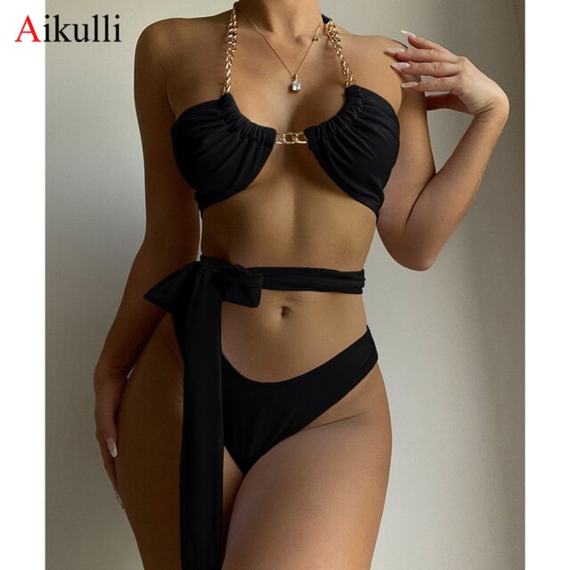 New Chain Halter Bikinis Sets Women's Swimwear 2022 Sexy Backless Cross  Swimsuits Female Swimming Bathing Suits Beachwear