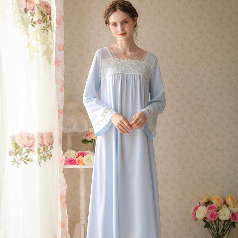 Sweet Lace Square Neck Night Dress Women Spring Autumn Vintage Chinese Flare Sleeve Nightwear Long Nightgown  Sleepwear