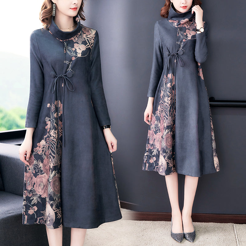 Suede looks young mother autumn women's long-sleeved dress bottoming plus size long skirt middle-aged and elderly women's clothing