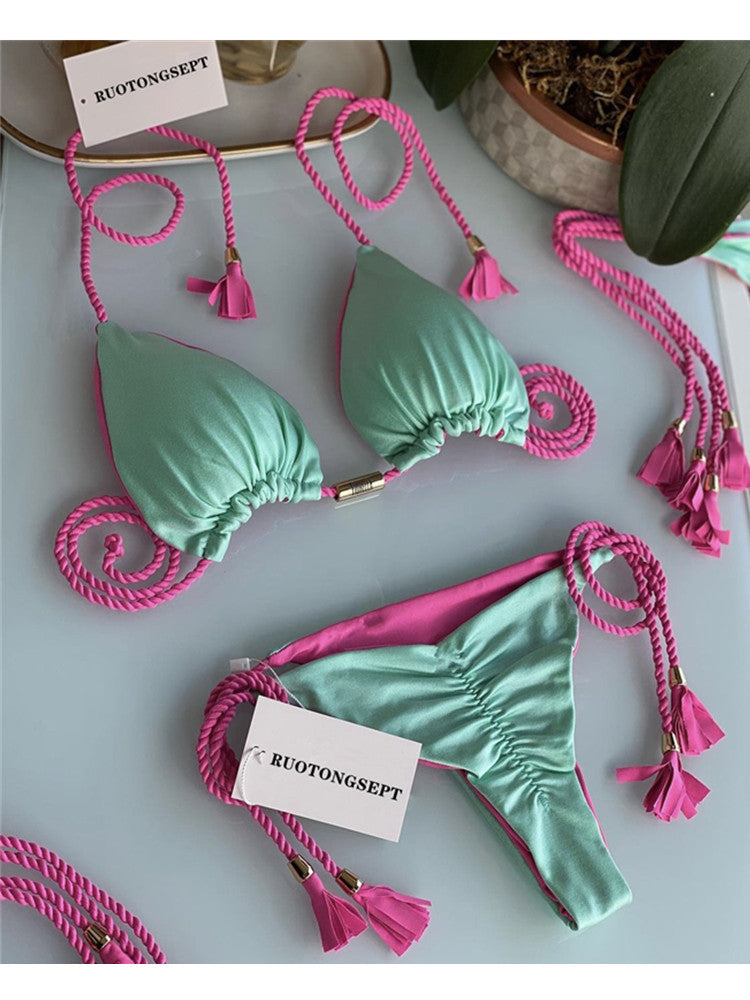 New backless braided rope bikini triangle swimsuit European and American multicolor swimwear