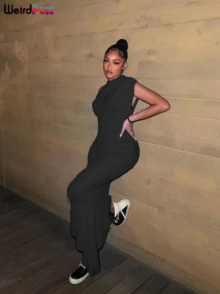 Weird Puss Solid Irregular Dress Sleeveless Summer Chic Trend Sexy Elegant Patchwork Skinny Elastic Peach Hip Bodycon Streetwear