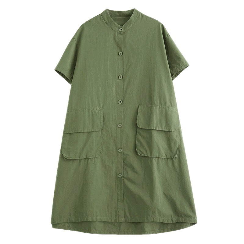 Large size  solid color dress literary retro fat MM small stand collar button pocket casual skirt