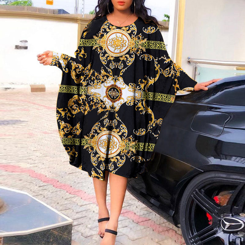 VONDA women's European and American black large size hit color retro pattern printed dress elegant temperament mature round neck long sleeve bat sleeve  A-line skirt large  skirt daily spring and autumn fashion all-match knee-length skirt short skirt