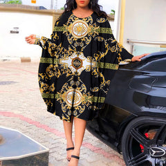 VONDA women's European and American black large size hit color retro pattern printed dress elegant temperament mature round neck long sleeve bat sleeve  A-line skirt large  skirt daily spring and autumn fashion all-match knee-length skirt short skirt