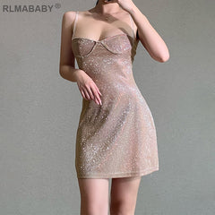 Sexy Bright Silk Diamond Women Mini Dress Low-Neck Sleeveless Backless Night Club Party Bodycon Dress New Elegant  Dress