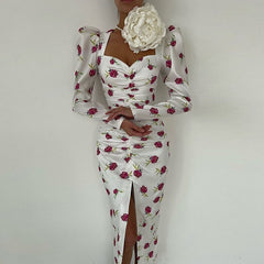 Women's Long Sleeve Bodycon Dress Elegant Drape Square Neck Party Dress Casual Floral Print Slim Dress