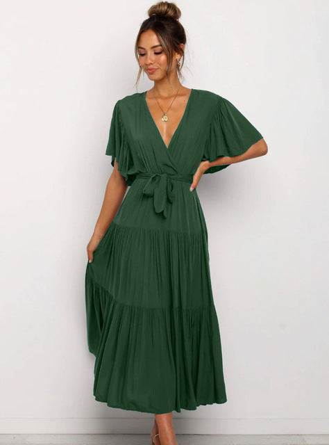 فستان طويل للشاطئ مكشكش للنساء فستان ماكسي بوهو صيفي مطبوع عليه زهور مع حزام وحزام للنساء فستان حفلات بأكمام قصيرة على شكل فراشة على شكل حرف a