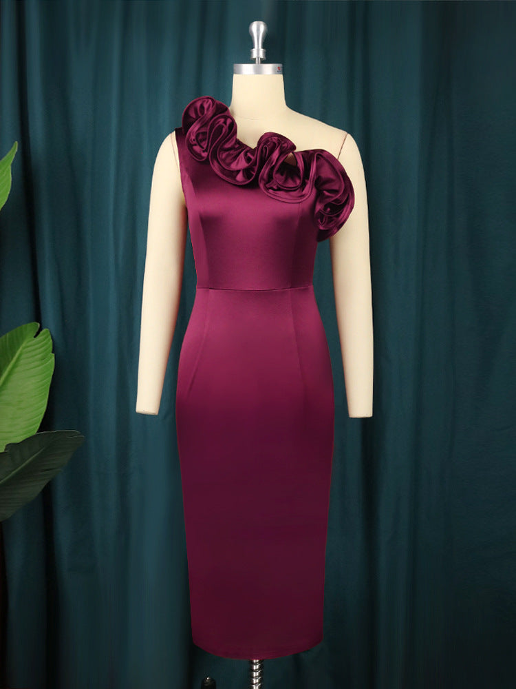 Vintage Women Burgundy Bodycon Dress Elegant Bare Shoulder Ruffled Elastic Satin Silky Dress Formal Party Birthday Evening Wear