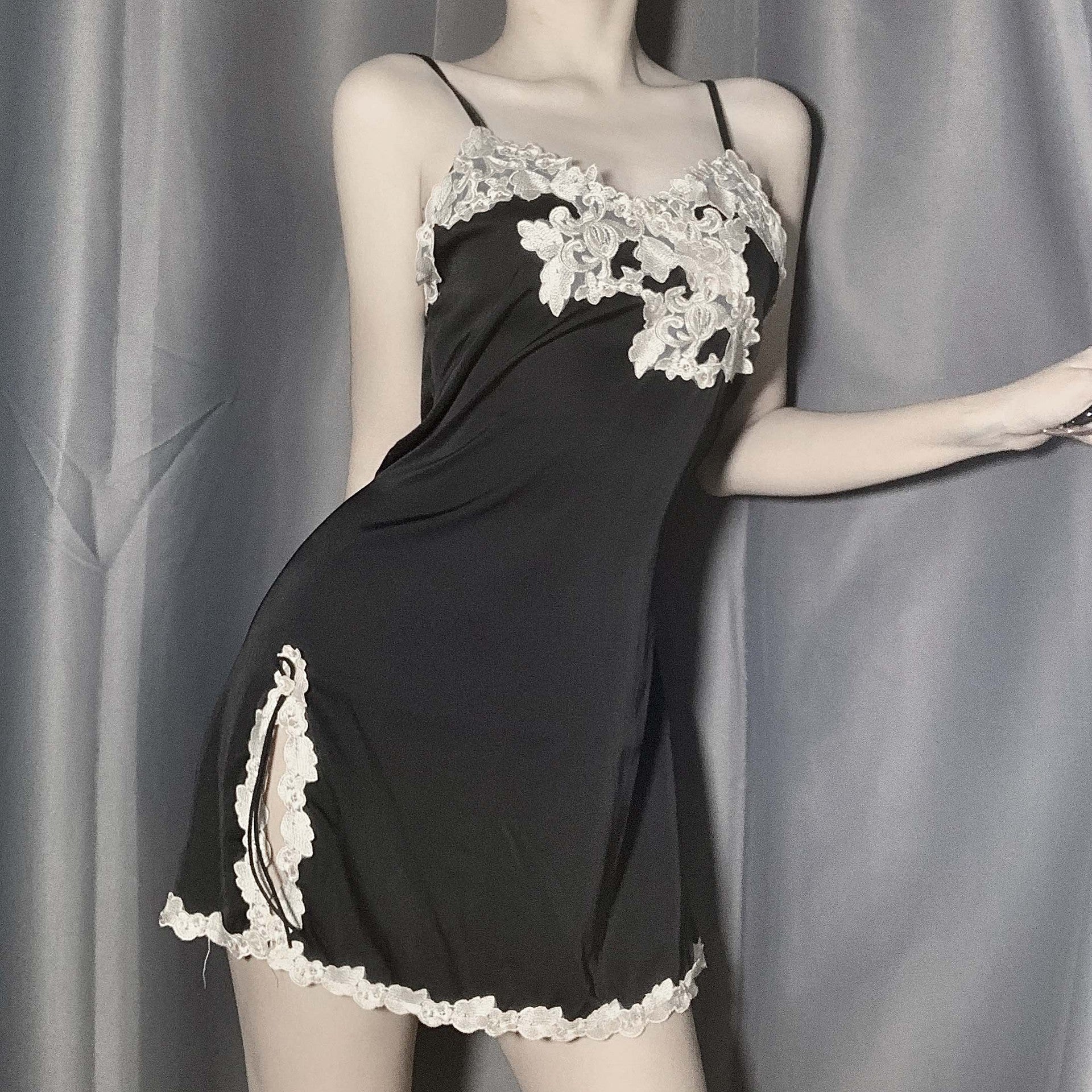 Ladies Fashion Lace Stitching Simulated Silk Homewear Nightdress J2JX1014YML