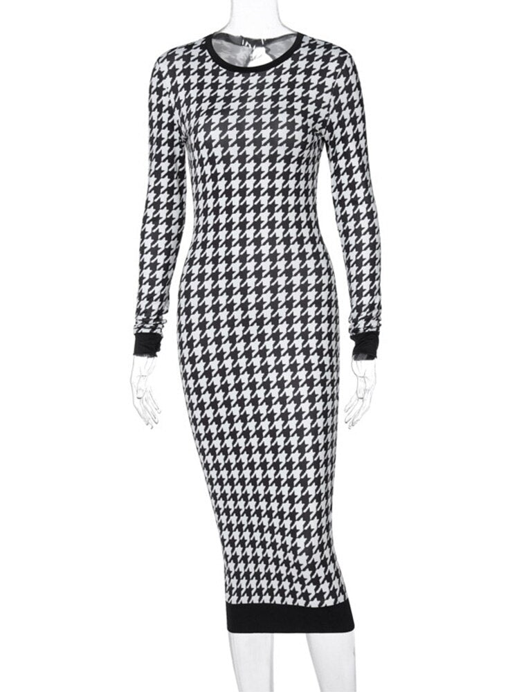 فستان نسائي طويل الأكمام مطبوع بنقشة houndstooth فستان متوسط ​​الطول بفتحات واسعة ملابس خروج مثيرة لخريف وشتاء 2022 نادي أنيق ضيق 