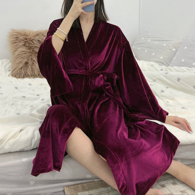 Autumn and winter women's thick warm fashion single robe long gold velvet nightgown